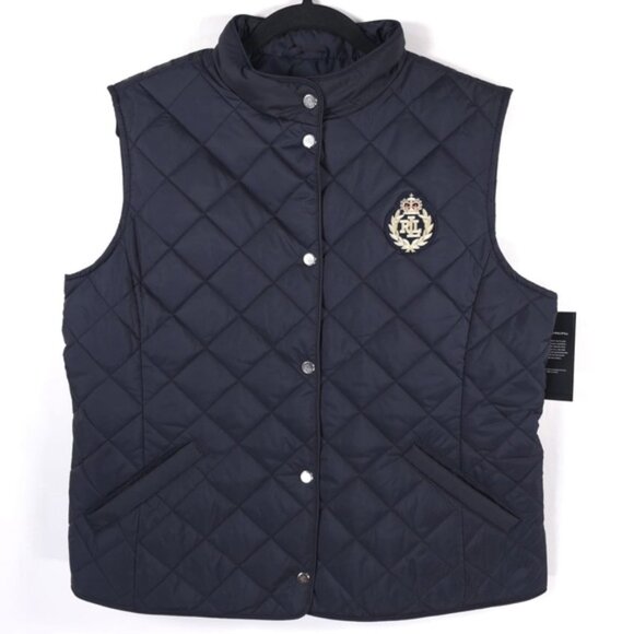 NWT LAUREN RALPH LAUREN Women’s Crest-Patch Diamond Quilted Vest Dark Navy LARGE - Picture 1 of 14